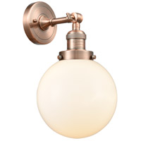 Innovations Lighting 203-AC-G201-8-LED Franklin Restoration Large Beacon LED 8 inch Antique Copper Sconce Wall Light in Matte White Glass, Franklin Restoration thumb