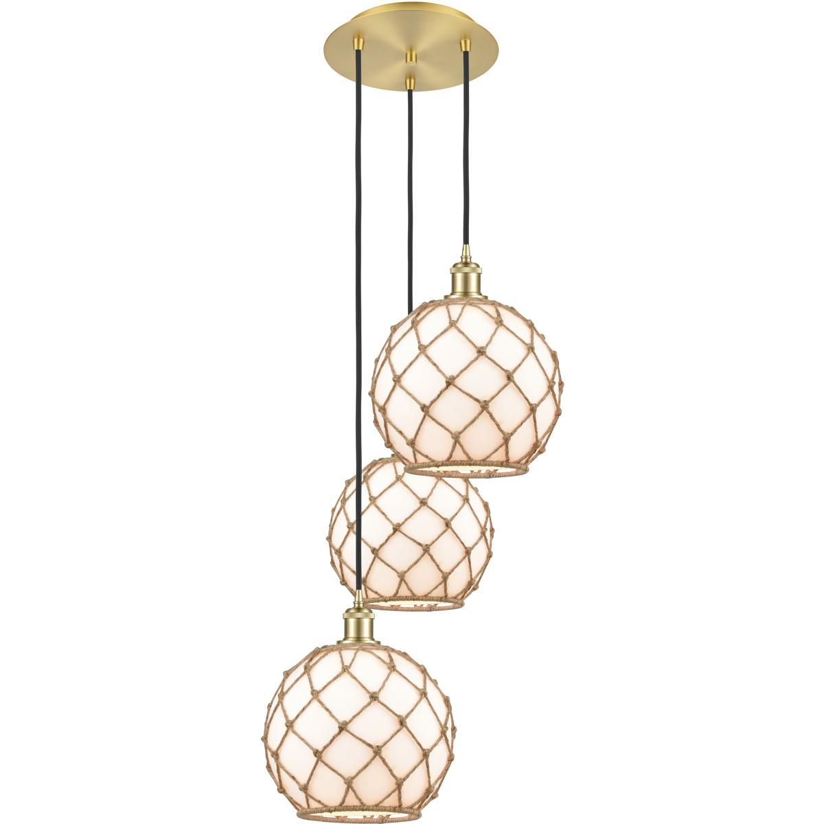 Innovations Lighting 113B-3P-SG-G121-10RB Ballston Farmhouse Rope 3 Light 16.5 inch Satin Gold Multi Pendant Ceiling Light in White Glass with Brown R