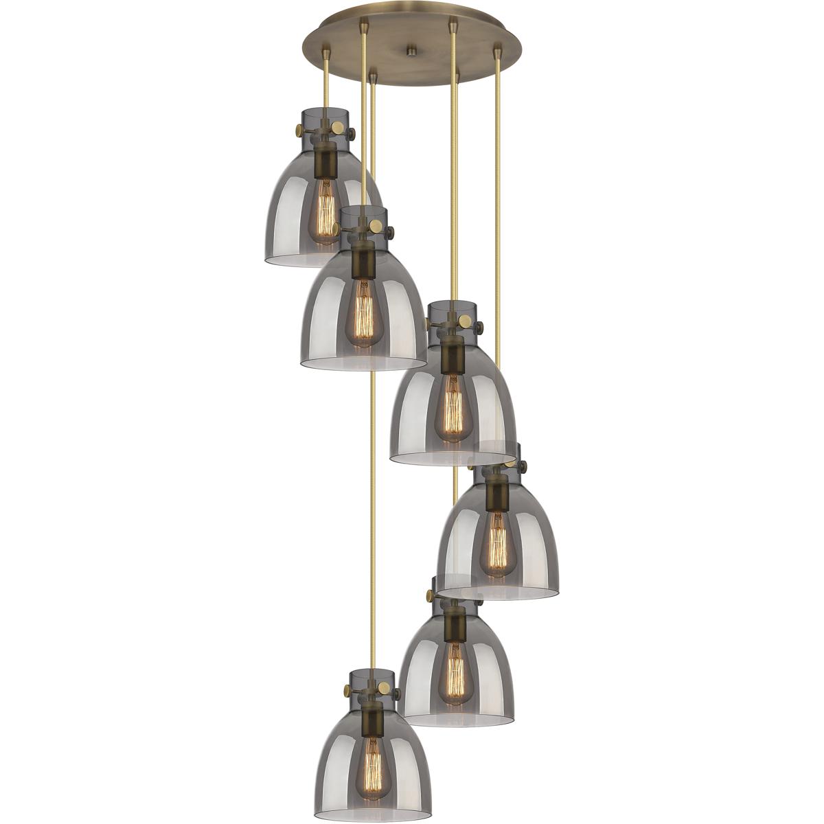 Innovations Lighting 116-410-1PS-BB-G412-8SM Newton Bell 6 Light 18.63 inch Brushed Brass Multi Pendant Ceiling Light in Light Smoke Glass