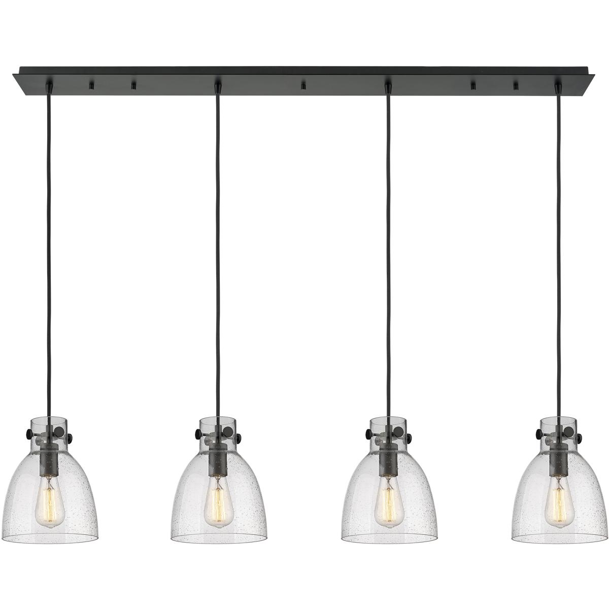 Innovations Lighting 124-410-1PS-BK-G412-8SDY Newton Bell 4 Light 51.75 inch Matte Black Linear Pendant Ceiling Light in Seedy Glass