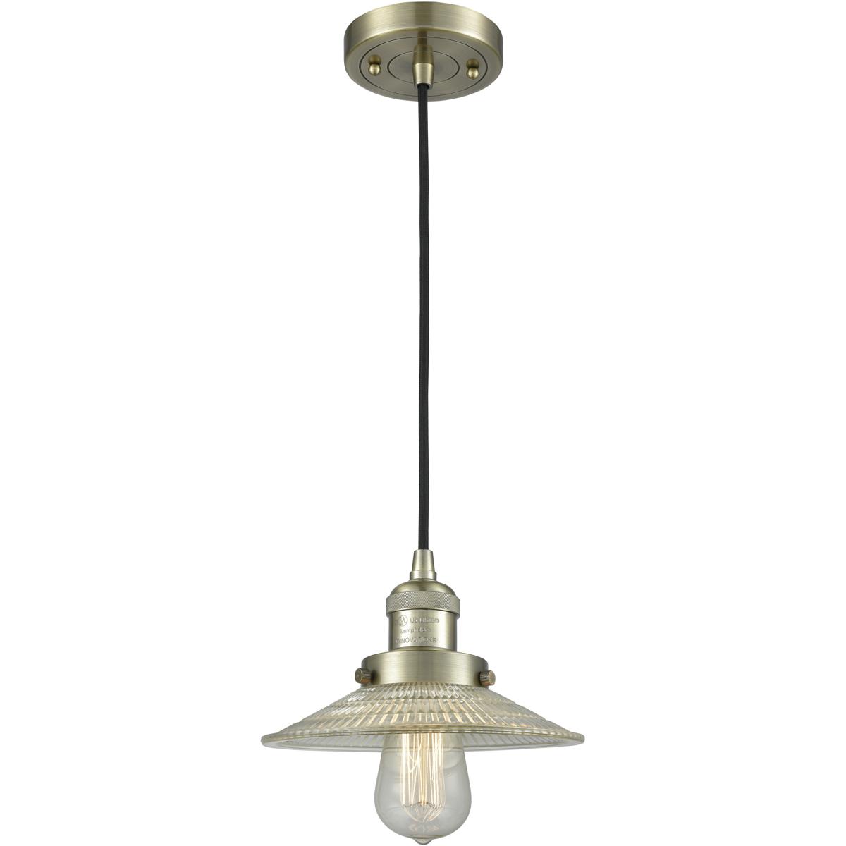 Innovations Lighting 201C-AB-G2-LED Franklin Restoration Halophane LED 8.5 inch Antique Brass Mini Pendant Ceiling Light in Clear Halophane Glass, Fra