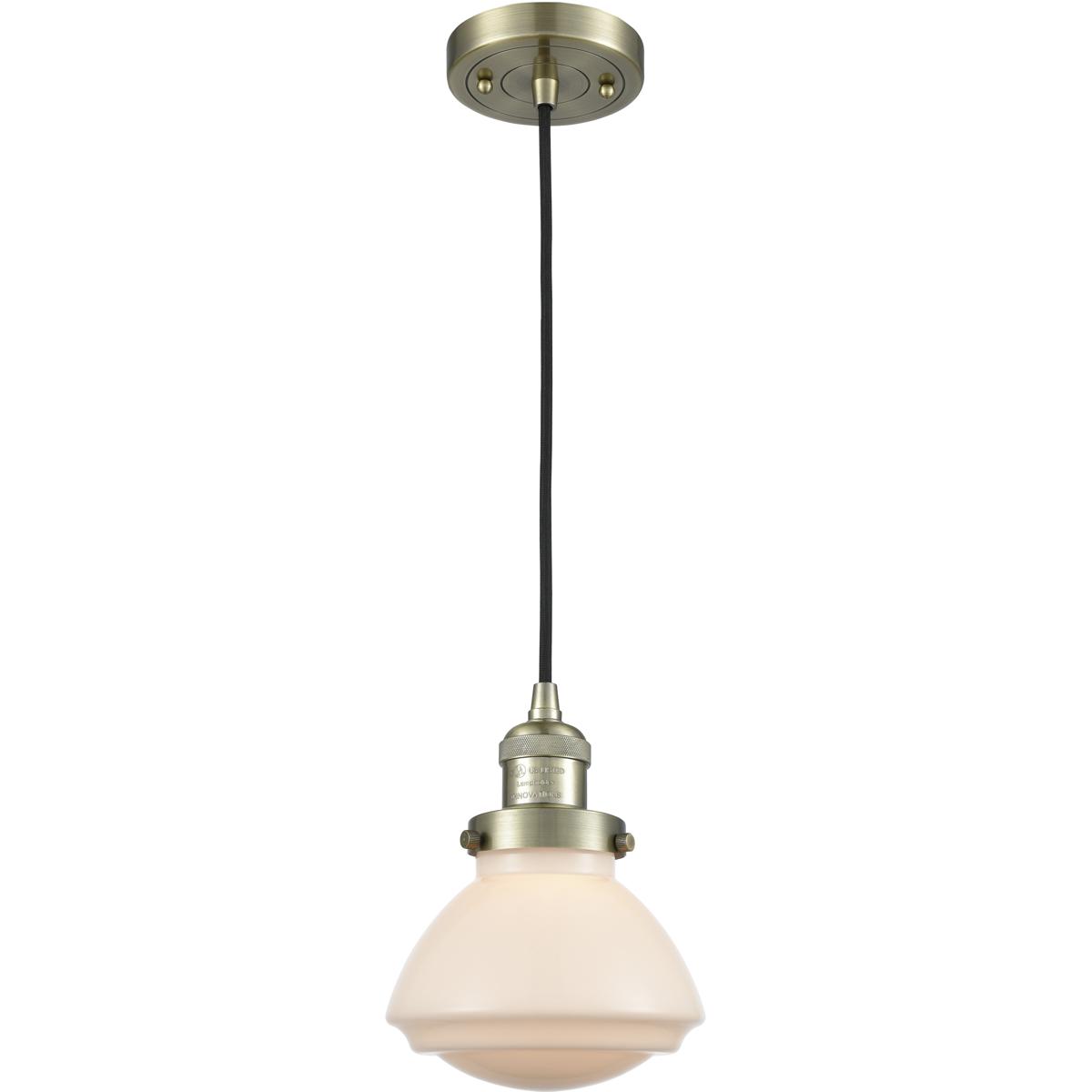 Innovations Lighting 201C-AB-G321-LED Franklin Restoration Olean LED 6.75 inch Antique Brass Mini Pendant Ceiling Light in Matte White, Franklin Resto