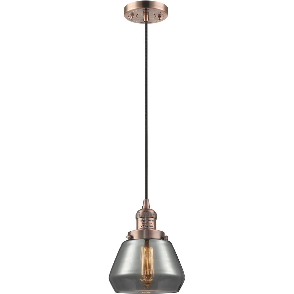 Innovations Lighting 201C-AC-G173-LED Franklin Restoration Fulton LED 7 inch Antique Copper Mini Pendant Ceiling Light in Plated Smoke, Franklin Resto