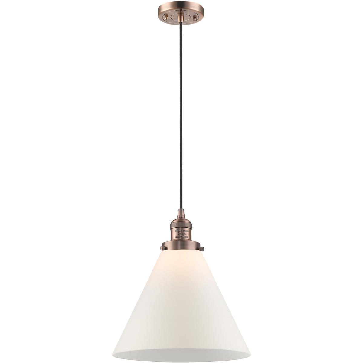 Innovations Lighting 201C-AC-G41-L Franklin Restoration Cone 1 Light 12 inch Antique Copper Mini Pendant Ceiling Light in Incandescent, Matte White, F