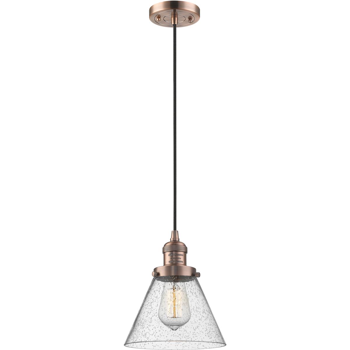 Innovations Lighting 201C-AC-G44-LED Franklin Restoration Cone LED 8 inch Antique Copper Mini Pendant Ceiling Light in Seedy, Franklin Restoration