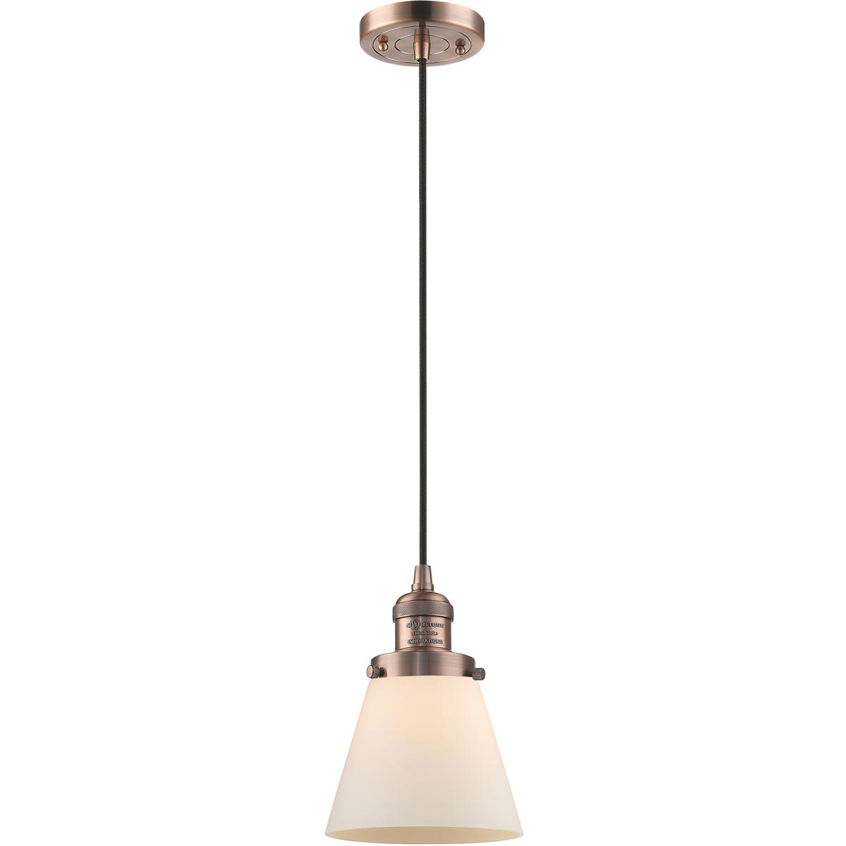 Innovations Lighting 201C-AC-G61 Franklin Restoration Cone 1 Light 6 inch Antique Copper Mini Pendant Ceiling Light in Incandescent, Matte White, Fran