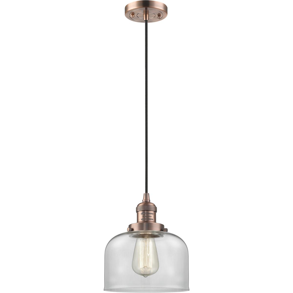 Innovations Lighting 201C-AC-G72-LED Franklin Restoration Bell LED 8 inch Antique Copper Mini Pendant Ceiling Light in Clear, Franklin Restoration