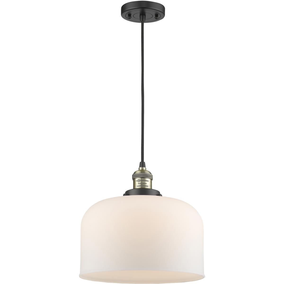 Innovations Lighting 201C-BAB-G71-L-LED Franklin Restoration Bell LED 12 inch Black Antique Brass Mini Pendant Ceiling Light in Matte White, Franklin