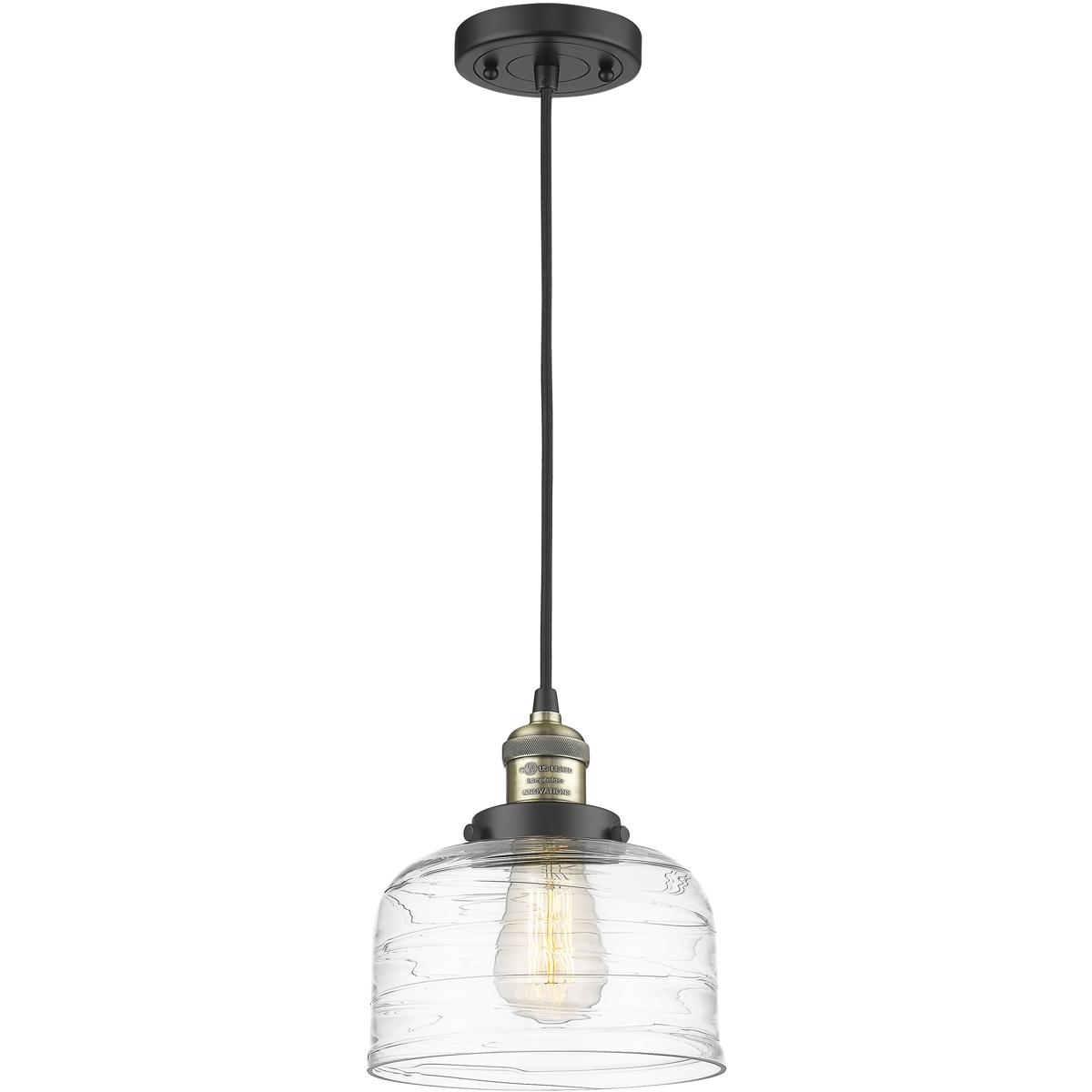 Innovations Lighting 201C-BAB-G713-LED Franklin Restoration Bell LED 8 inch Black Antique Brass Mini Pendant Ceiling Light in Clear Deco Swirl