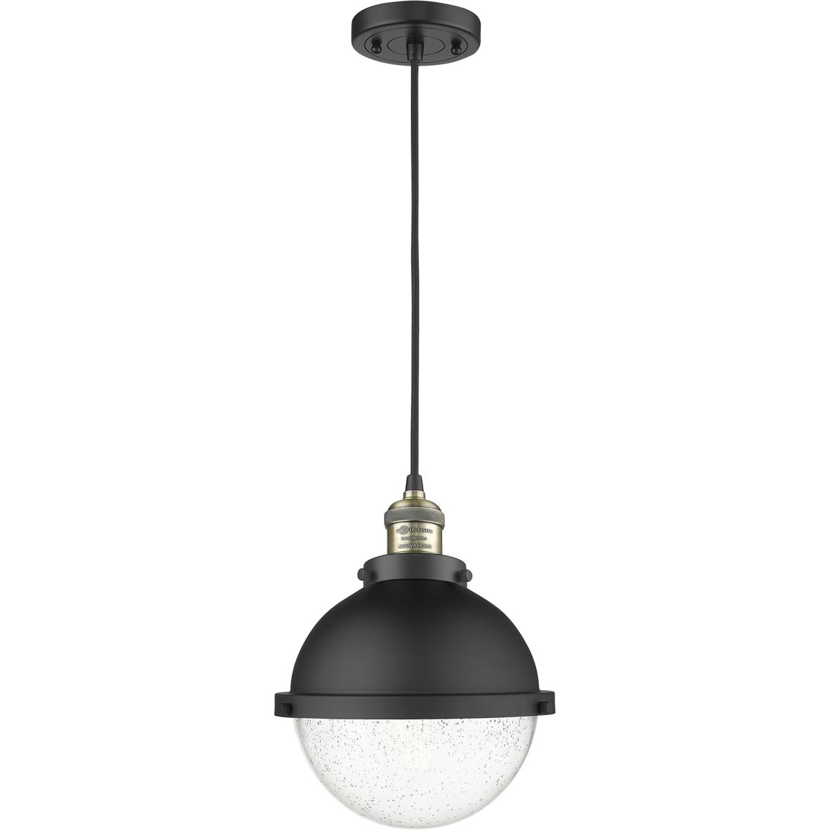 Innovations Lighting 201C-BAB-HFS-84-BK Franklin Restoration Hampden 1 Light 9 inch Black Antique Brass Mini Pendant Ceiling Light in Seedy Glass