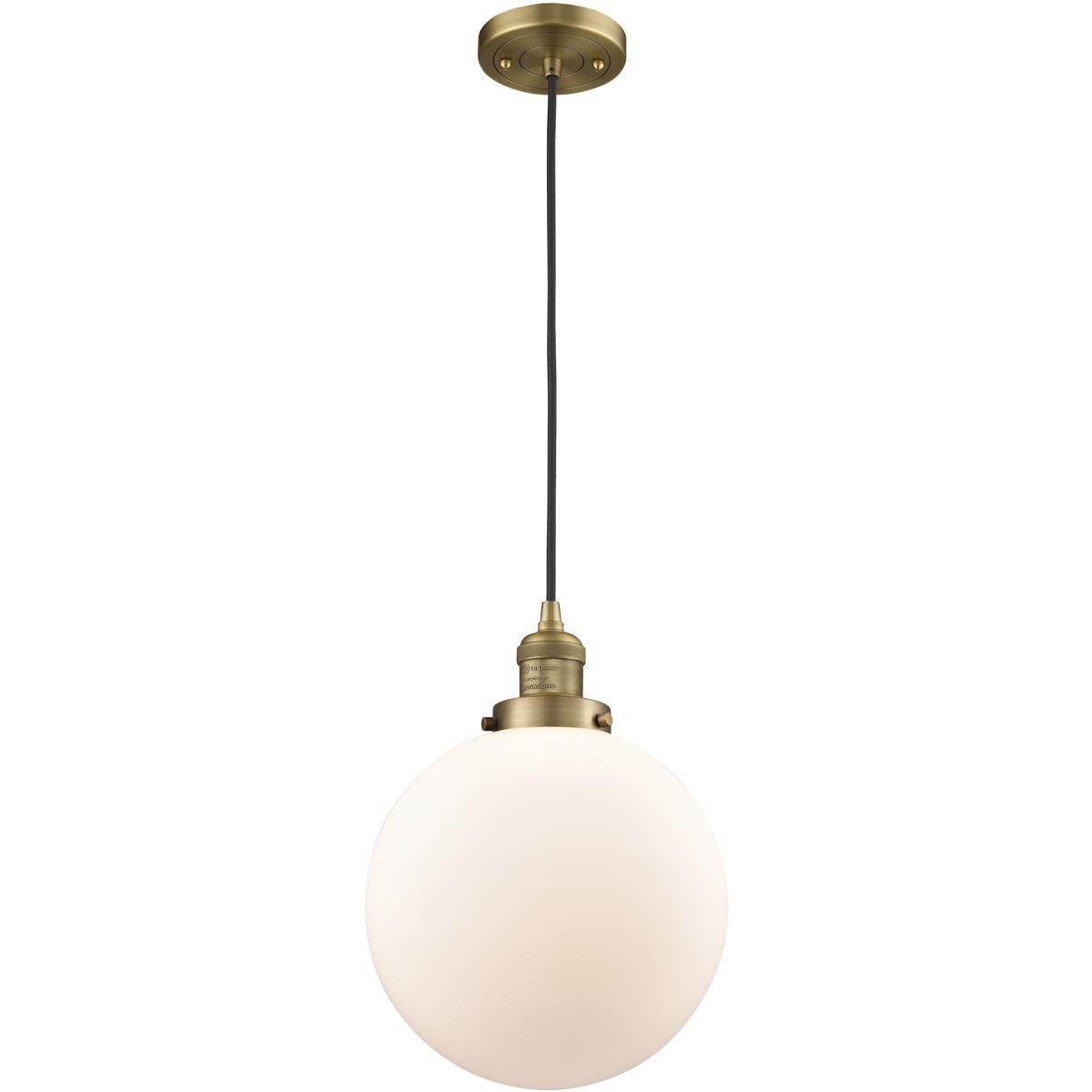 Innovations Lighting 201C-BB-G201-10-LED Franklin Restoration Beacon LED 10 inch Brushed Brass Mini Pendant Ceiling Light in Matte White, Franklin Res