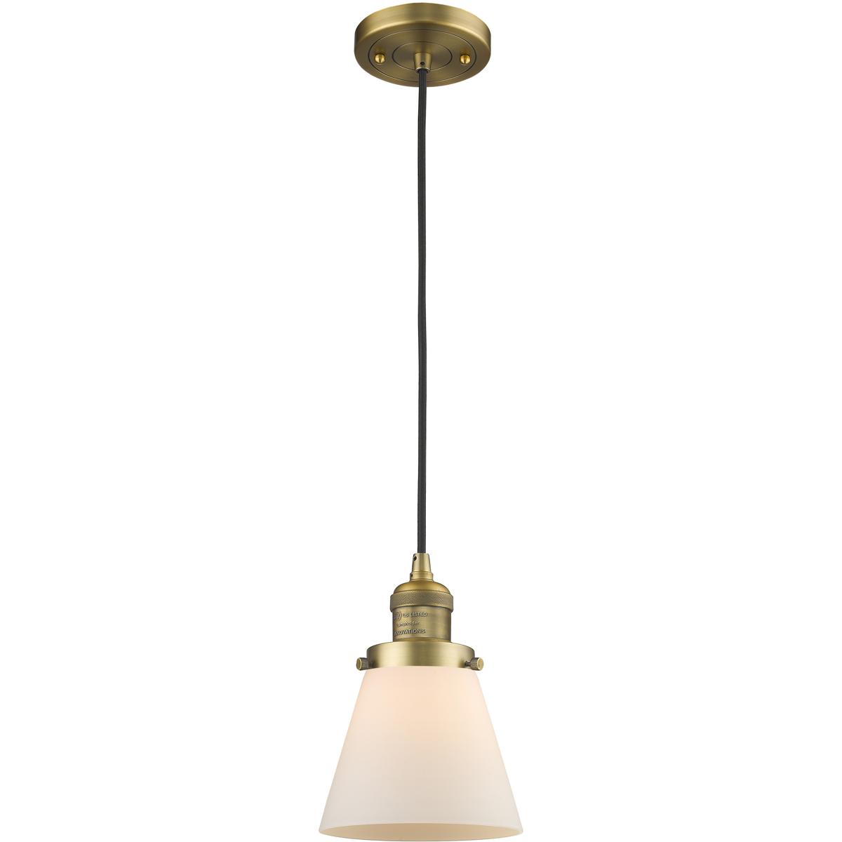 Innovations Lighting 201C-BB-G61-LED Franklin Restoration Cone LED 6 inch Brushed Brass Mini Pendant Ceiling Light in Matte White, Franklin Restoratio