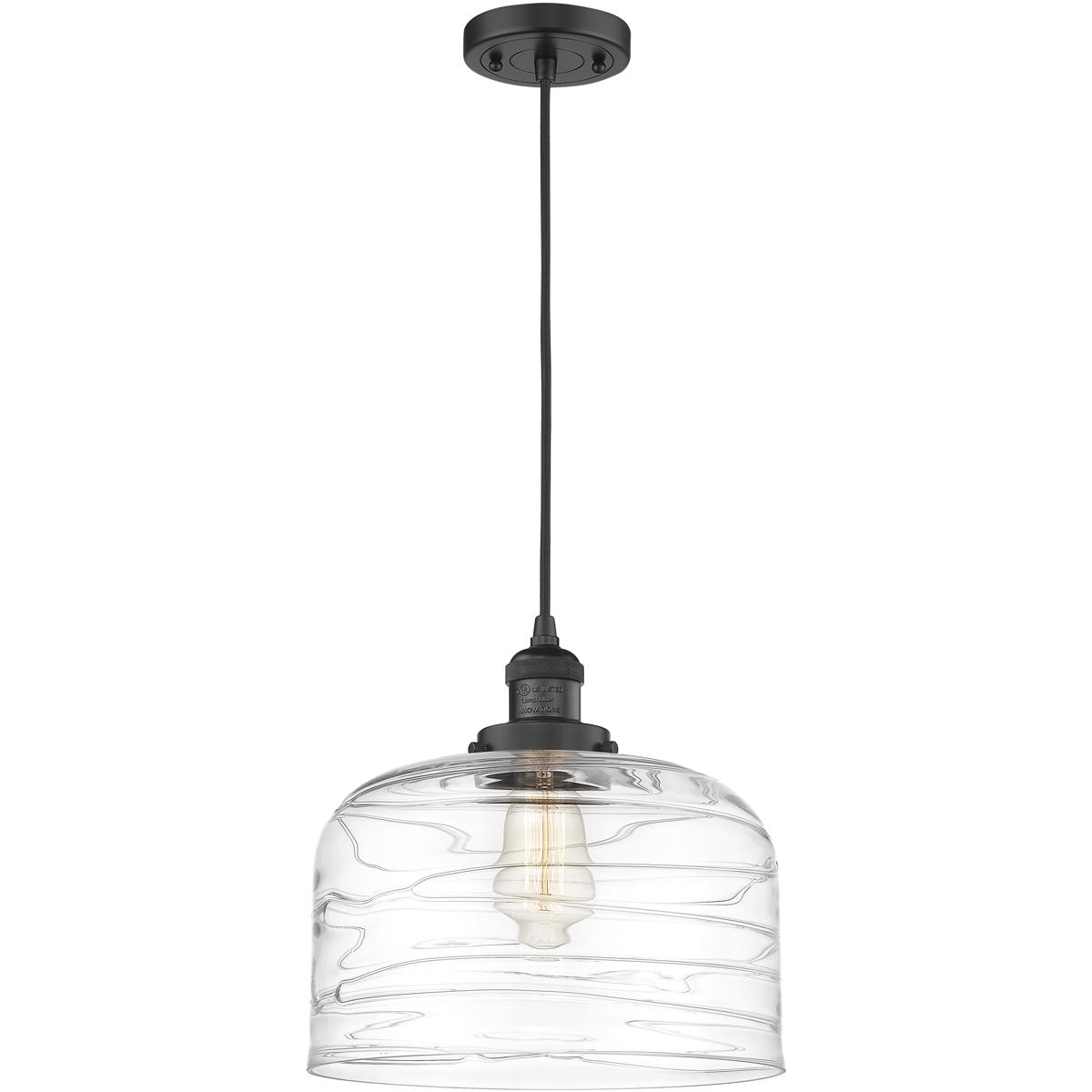 Innovations Lighting 201C-BK-G713-L-LED Franklin Restoration Bell LED 12 inch Matte Black Mini Pendant Ceiling Light in Clear Deco Swirl