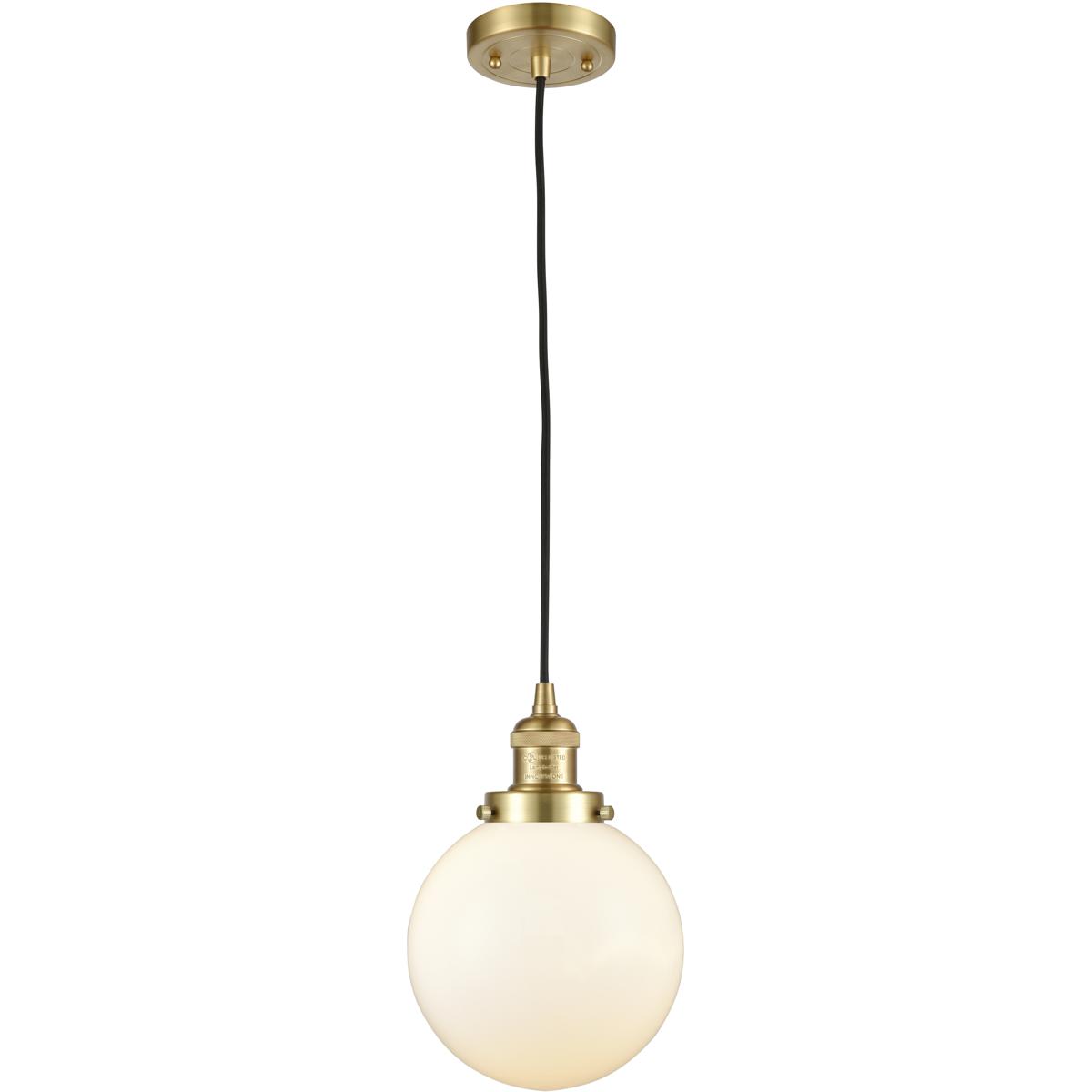 Innovations Lighting 201C-SG-G201-8-LED Franklin Restoration Beacon LED 8 inch Satin Gold Mini Pendant Ceiling Light in Matte White, Franklin Restorat
