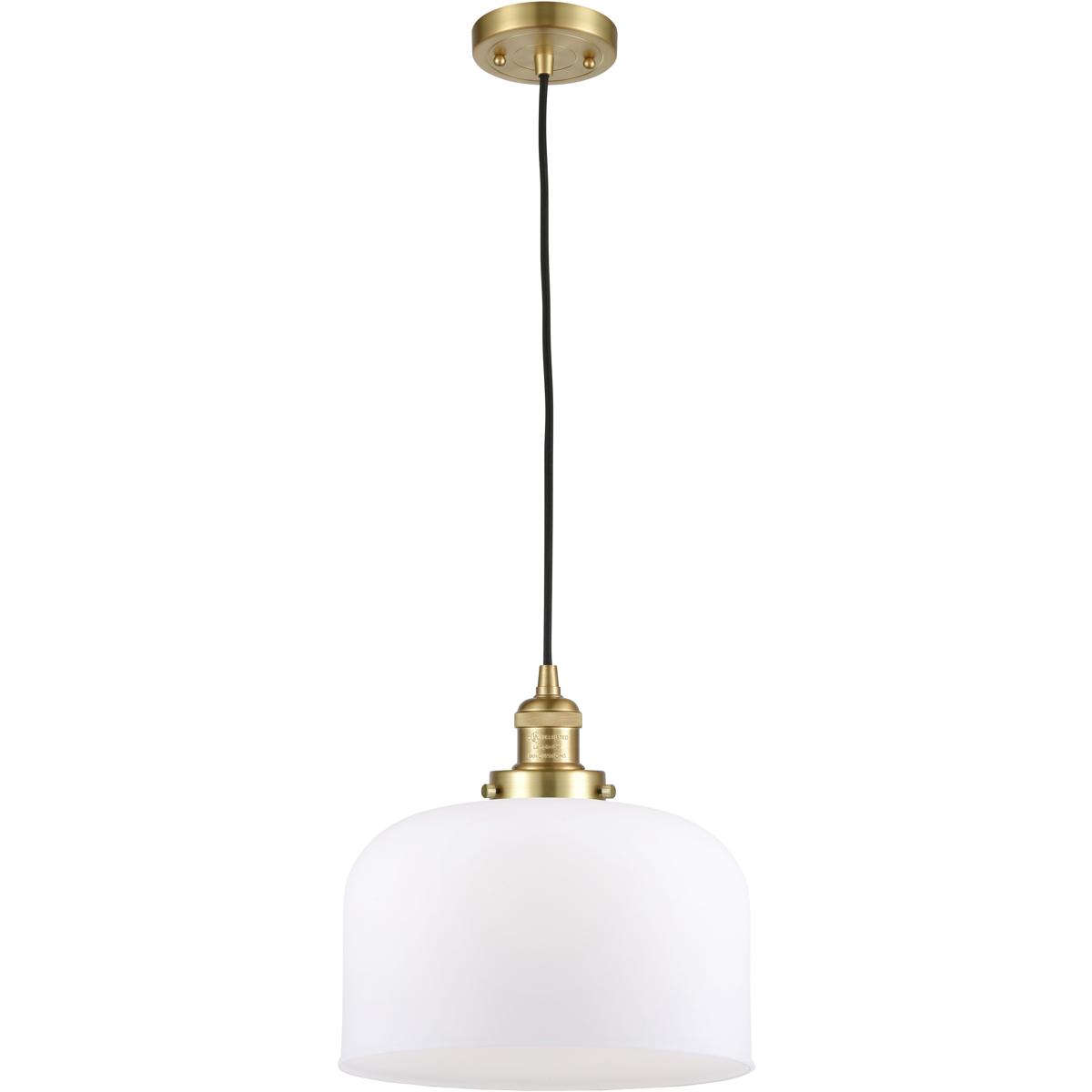 Innovations Lighting 201C-SG-G71-L-LED Franklin Restoration Bell LED 12 inch Satin Gold Mini Pendant Ceiling Light in Matte White, Franklin Restoratio