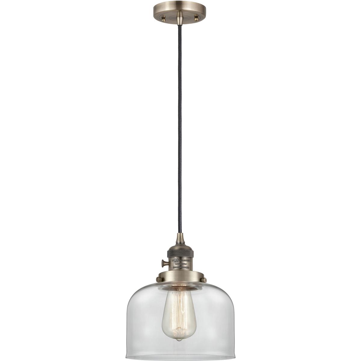 Innovations Lighting 201CSW-AB-G72-LED Franklin Restoration Bell LED 8 inch Antique Brass Mini Pendant Ceiling Light in Clear