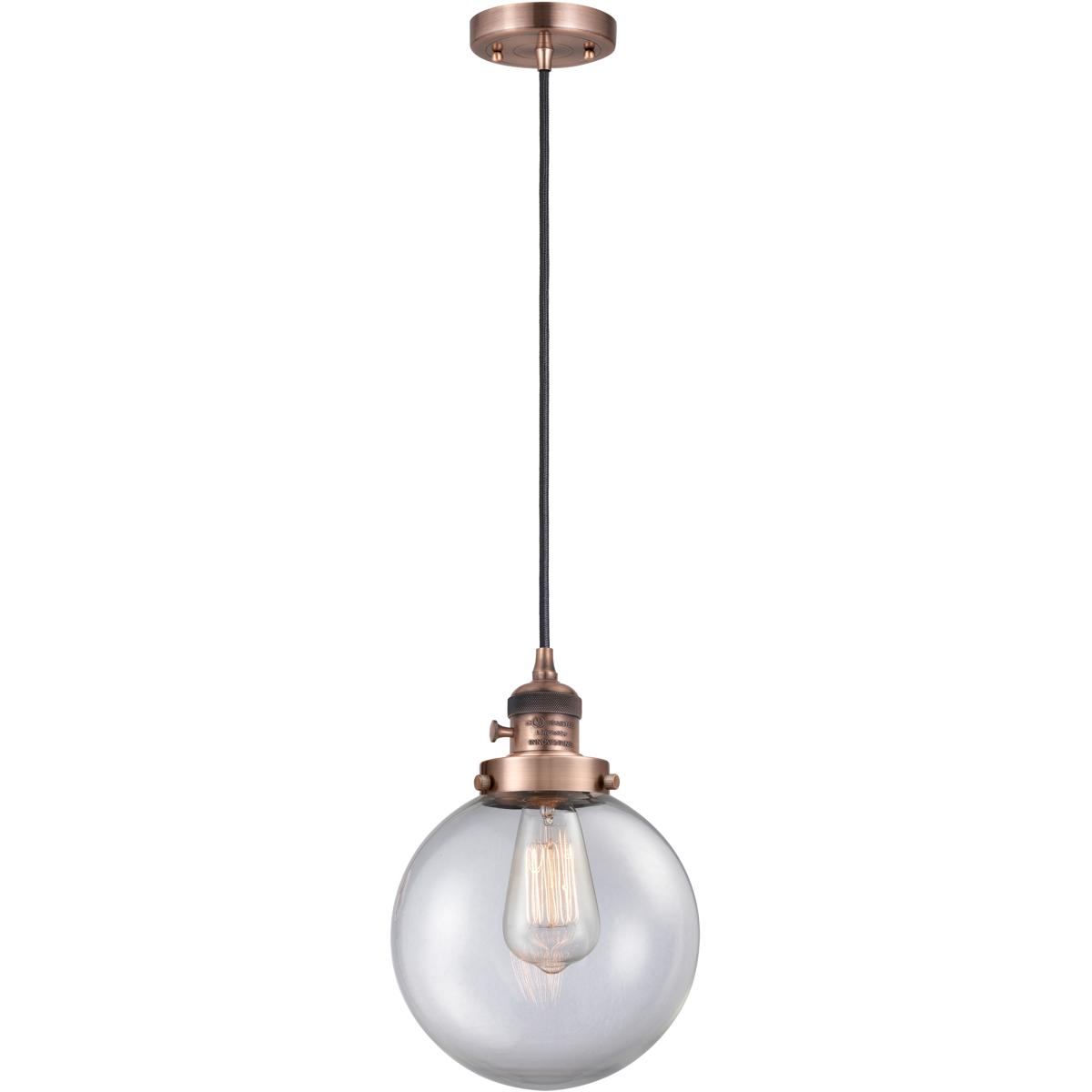 Innovations Lighting 201CSW-AC-G202-8-LED Franklin Restoration Beacon LED 8 inch Antique Copper Mini Pendant Ceiling Light in Clear