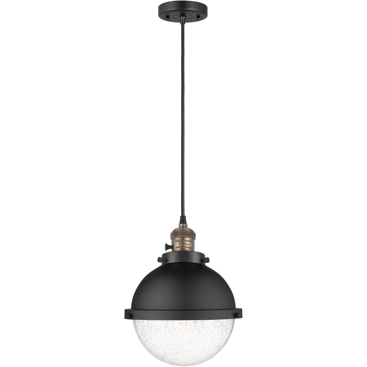 Innovations Lighting 201CSW-BAB-HFS-84-BK Franklin Restoration Hampden 1 Light 9 inch Black Antique Brass Mini Pendant Ceiling Light in Seedy Glass