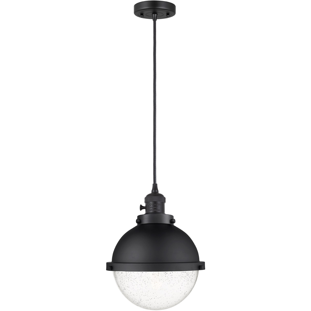 Innovations Lighting 201CSW-BK-HFS-84-BK Franklin Restoration Hampden 1 Light 9 inch Matte Black Mini Pendant Ceiling Light in Seedy Glass