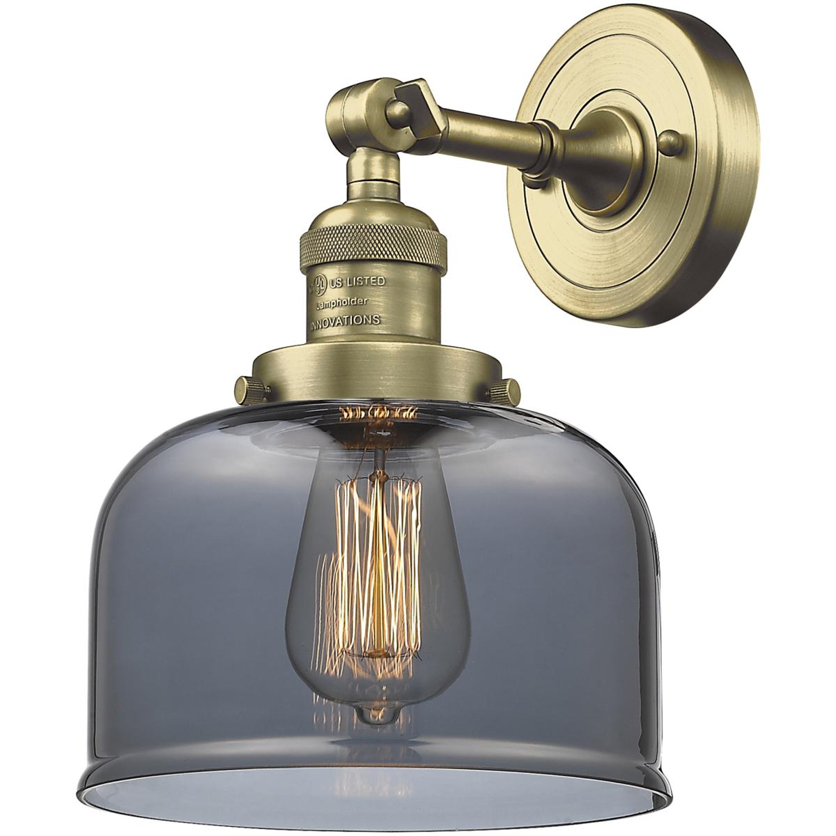 Innovations Lighting 201F-AB-G73 Franklin Restoration Large Bell 1 Light 8 inch Antique Brass Semi-Flush Mount Ceiling Light in Light Smoke Glass, Fra