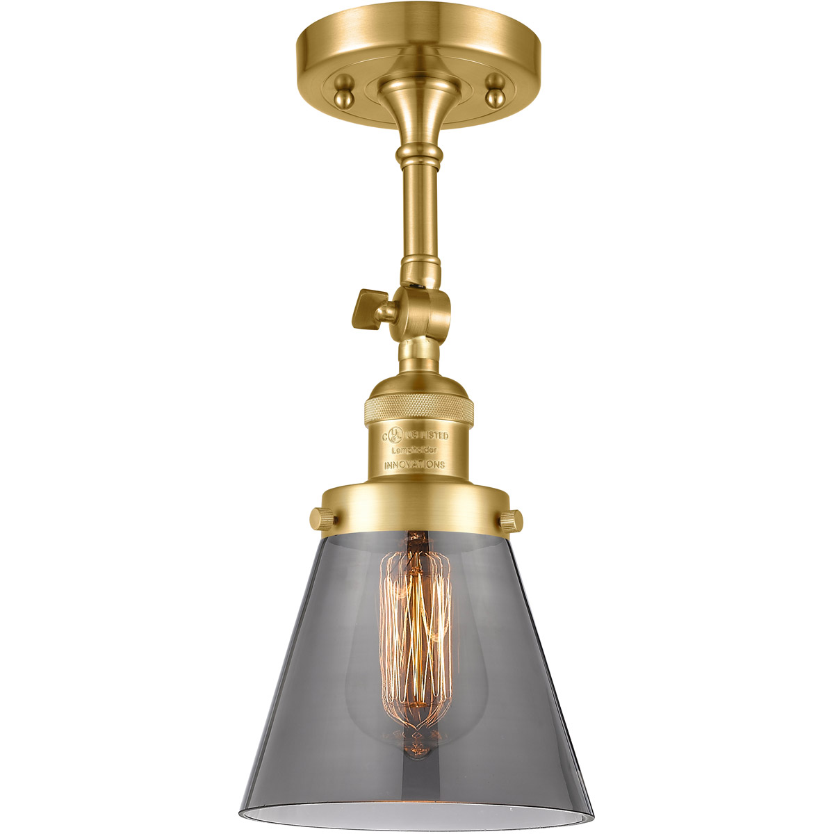 Innovations Lighting 201F-SG-G63 Franklin Restoration Small Cone 1 Light 6.25 inch Satin Gold Semi-Flush Mount Ceiling Light in Plated Smoke Glass, Fr