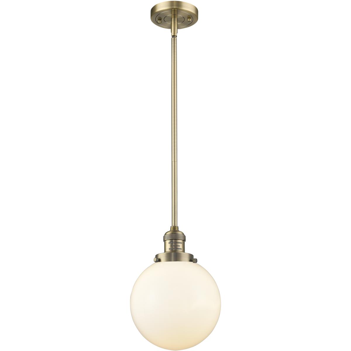 Innovations Lighting 201S-BB-G201-8-LED Franklin Restoration Beacon LED 8 inch Brushed Brass Mini Pendant Ceiling Light in Matte White, Franklin Resto