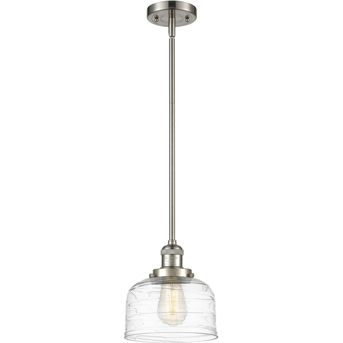 Innovations Lighting 201S-SN-G713-LED Franklin Restoration Bell LED 8 inch Brushed Satin Nickel Mini Pendant Ceiling Light in Clear Deco Swirl