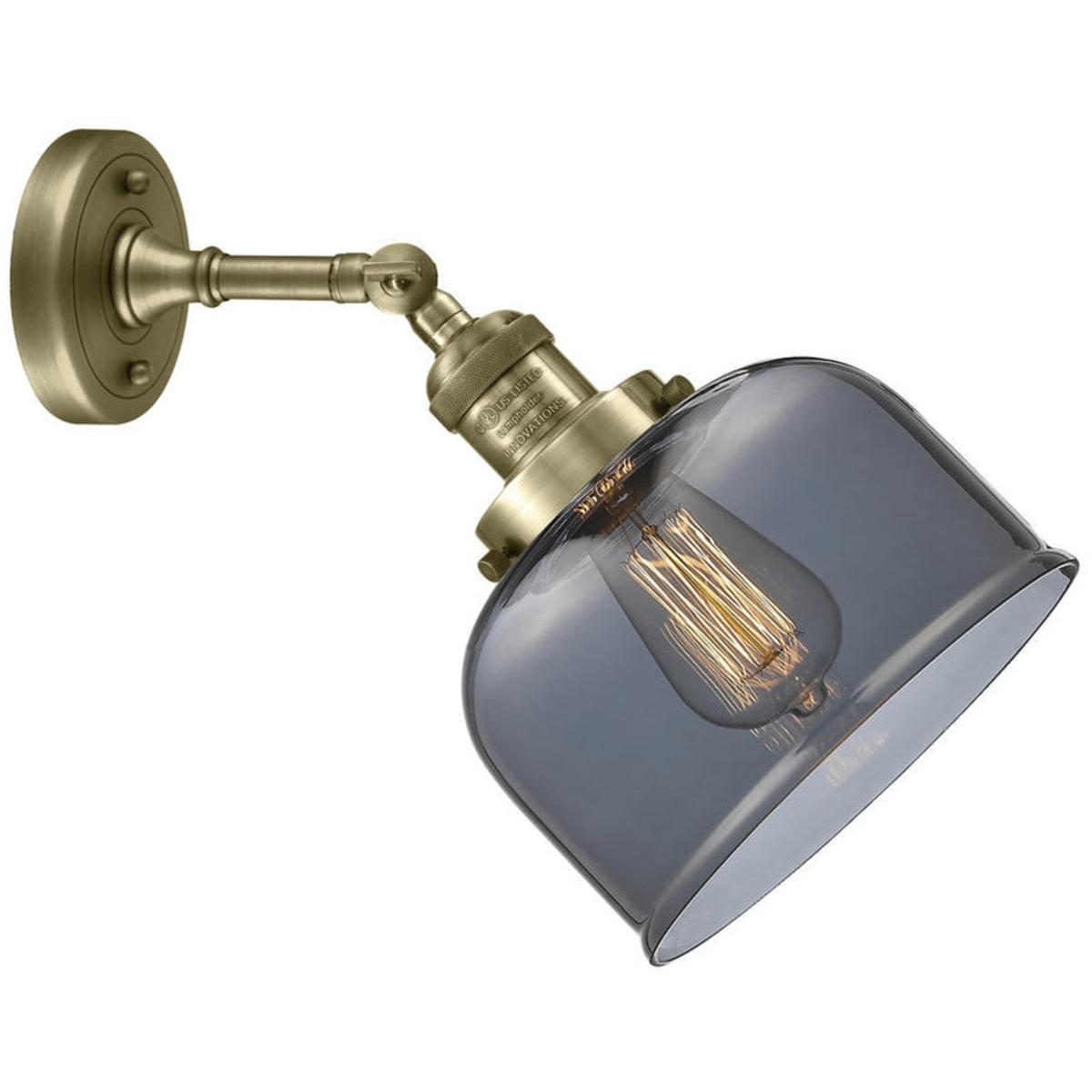 Innovations Lighting 203-AB-G73 Franklin Restoration Large Bell 1 Light 8 inch Antique Brass Sconce Wall Light in Light Smoke Glass, Franklin Restorat
