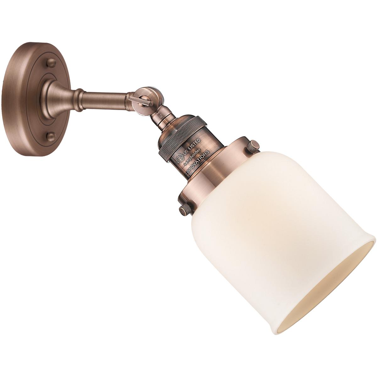 Innovations Lighting 203-AC-G51 Franklin Restoration Small Bell 1 Light 5 inch Antique Copper Sconce Wall Light in Matte White Glass, Franklin Restora
