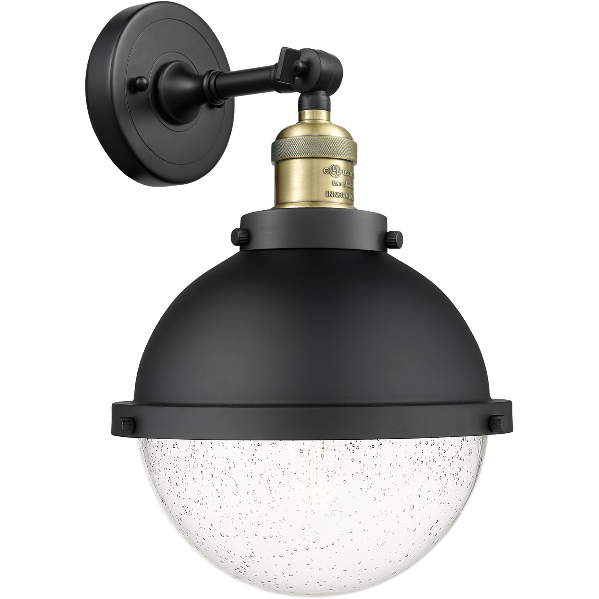Innovations Lighting 203-BAB-HFS-84-BK-LED Franklin Restoration Hampden Sconce Wall Light in Black Antique Brass, Seedy Glass