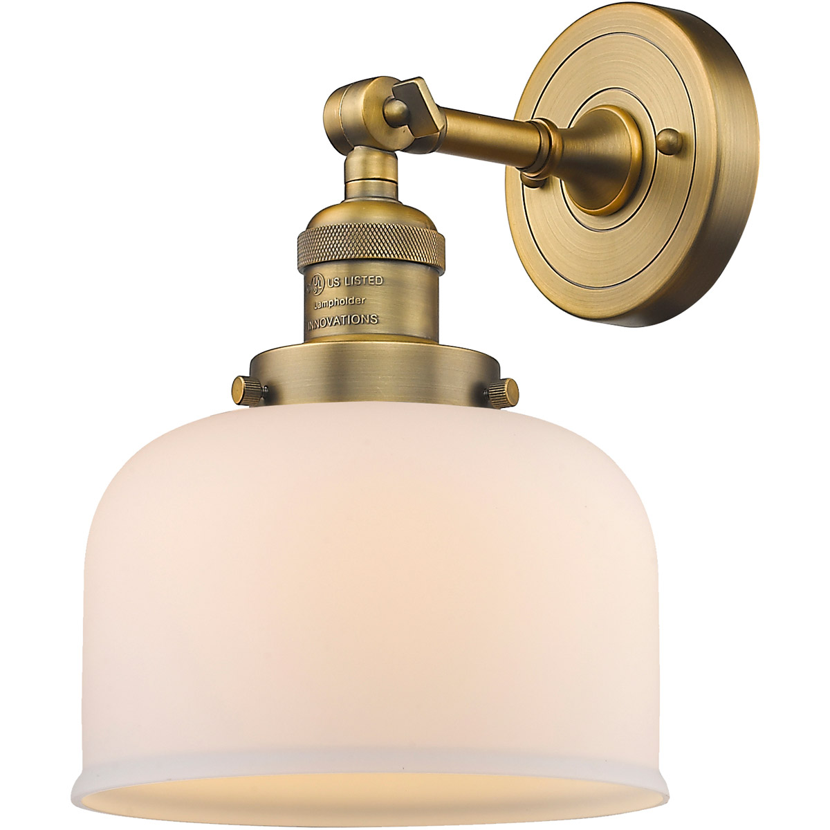 Innovations Lighting 203-BB-G71 Franklin Restoration Large Bell 1 Light 8 inch Brushed Brass Sconce Wall Light in Matte White Glass, Franklin Restorat
