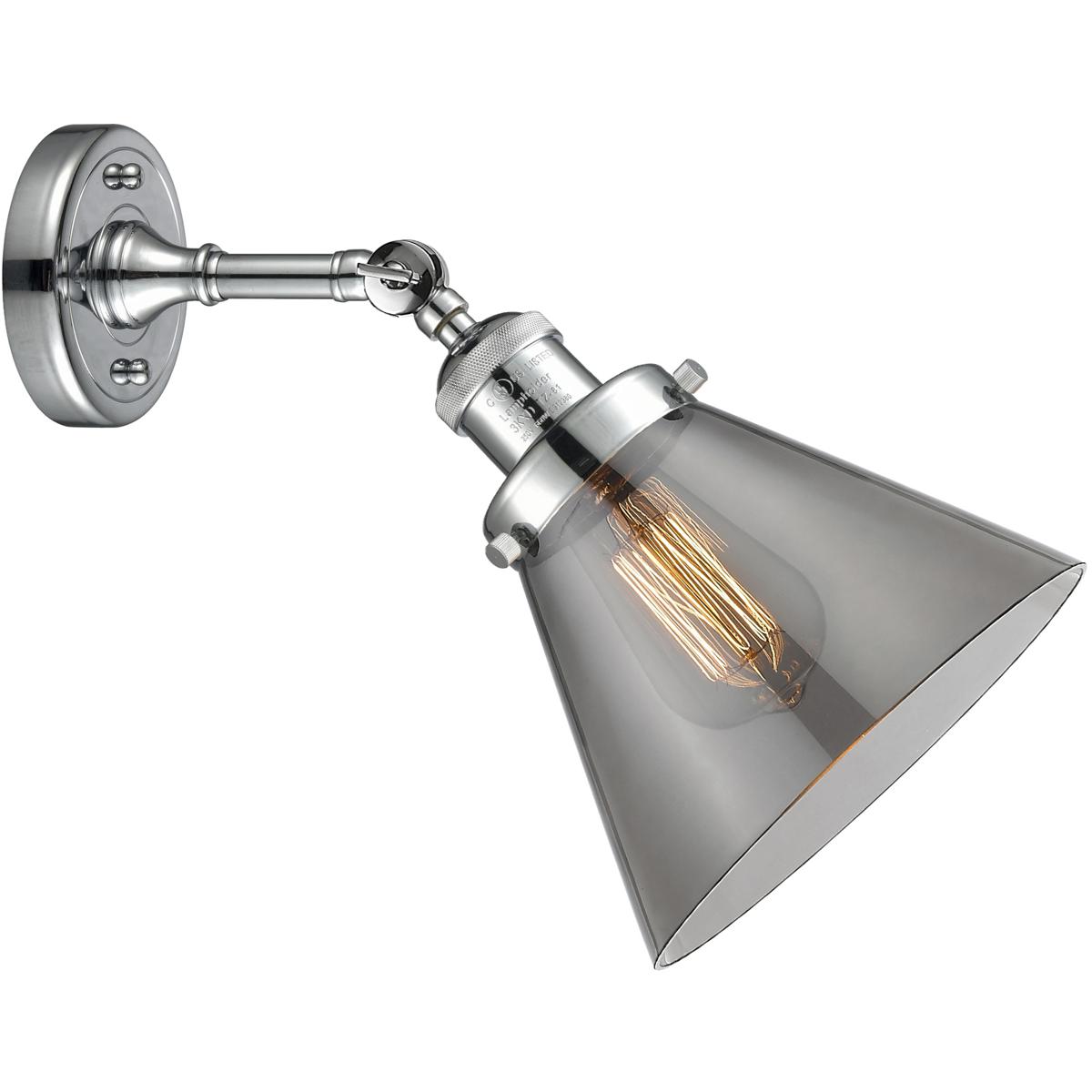Innovations Lighting 203-PC-G43 Franklin Restoration Large Cone 1 Light 8 inch Polished Chrome Sconce Wall Light in Light Smoke Glass, Franklin Restor
