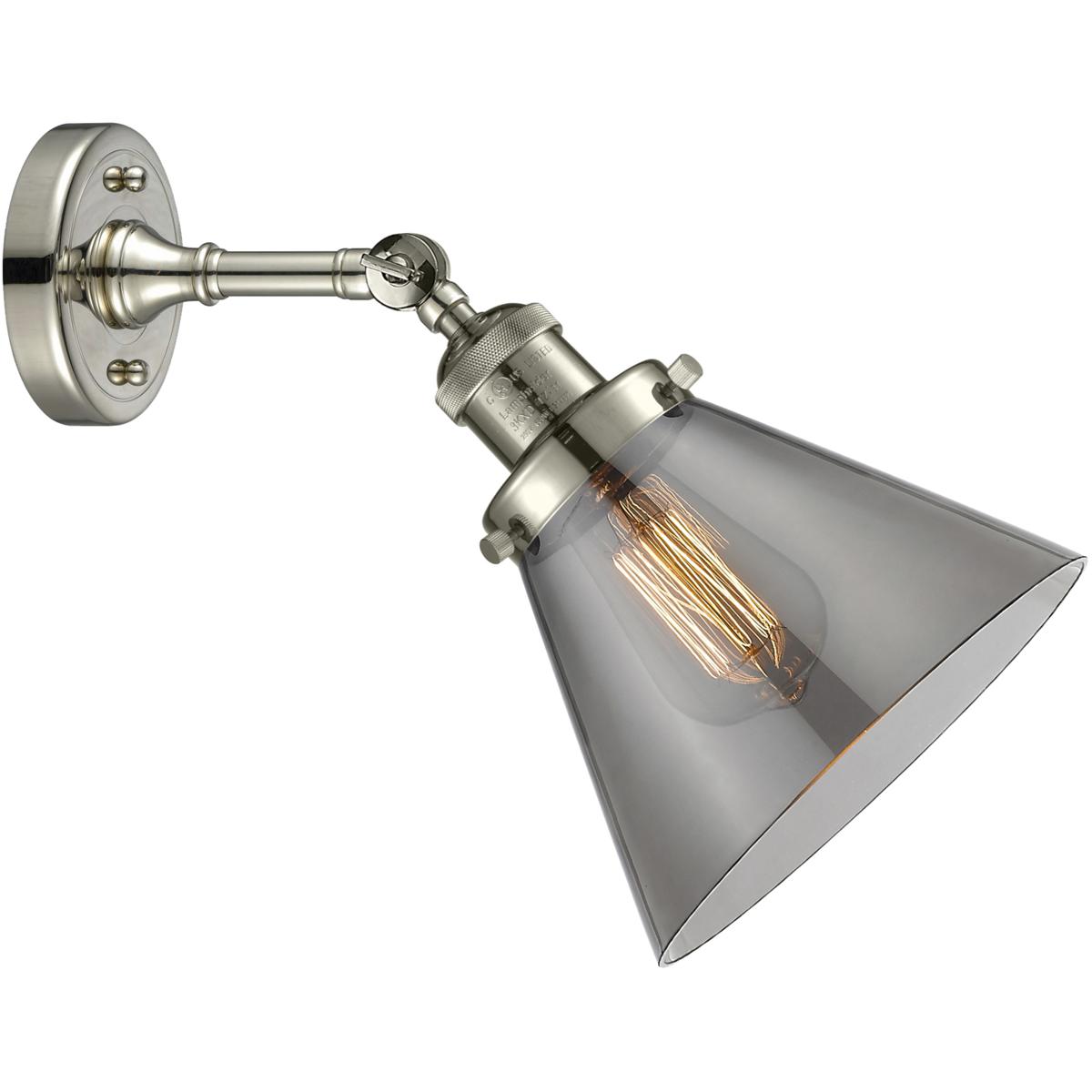 Innovations Lighting 203-PN-G43 Franklin Restoration Large Cone 1 Light 8 inch Polished Nickel Sconce Wall Light in Plated Smoke Glass, Franklin Resto
