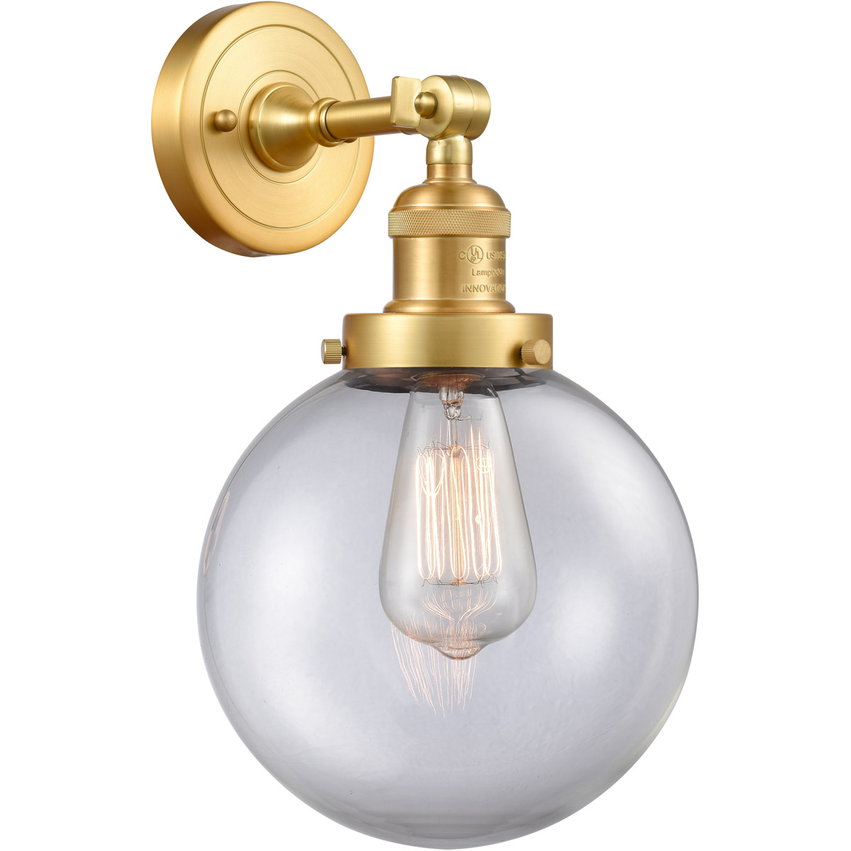 Innovations Lighting 203-SG-G202-8-LED Franklin Restoration Large Beacon LED 8 inch Satin Gold Sconce Wall Light in Clear Glass, Franklin Restoration