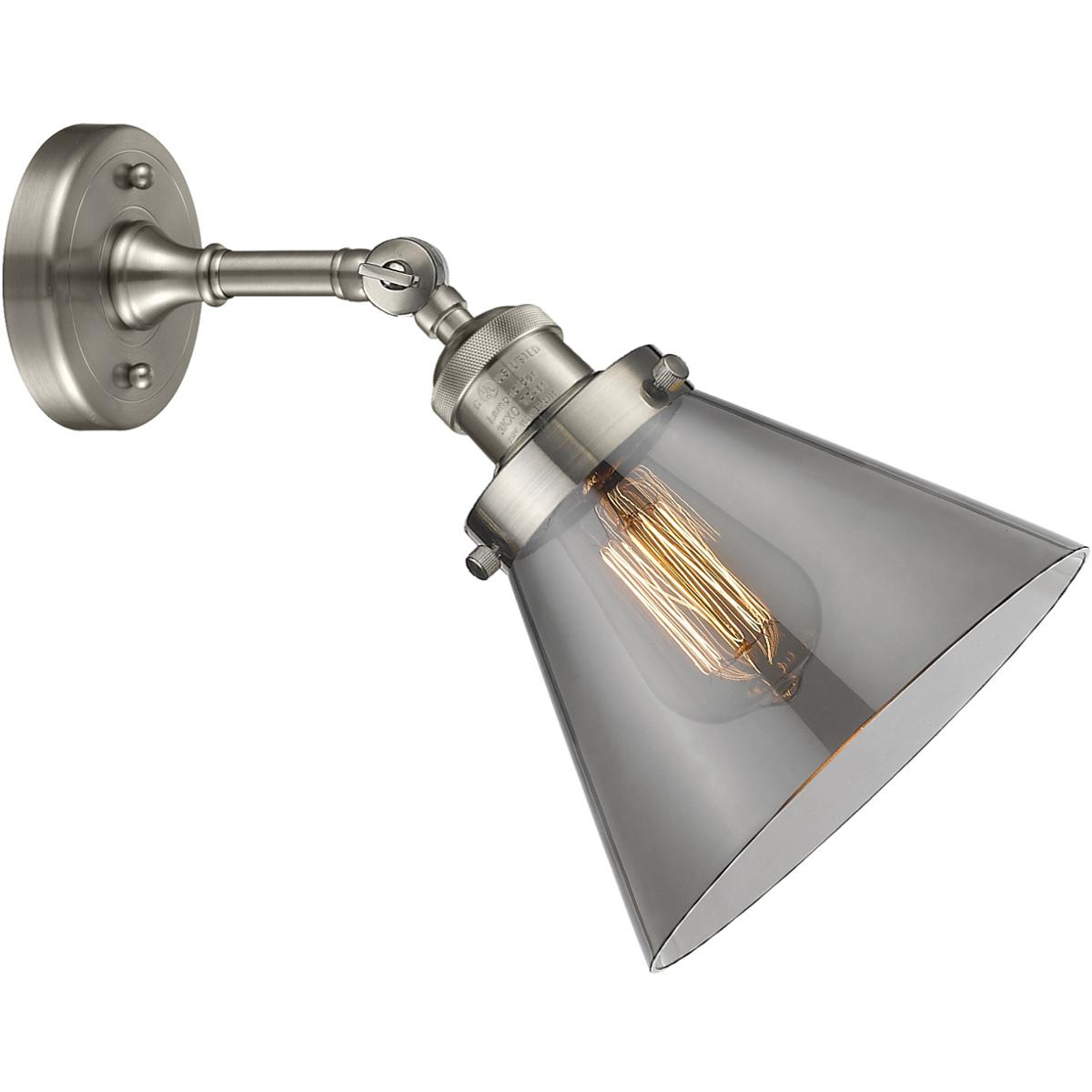 Innovations Lighting 203-SN-G43 Franklin Restoration Large Cone 1 Light 8 inch Brushed Satin Nickel Sconce Wall Light in Light Smoke Glass, Franklin R
