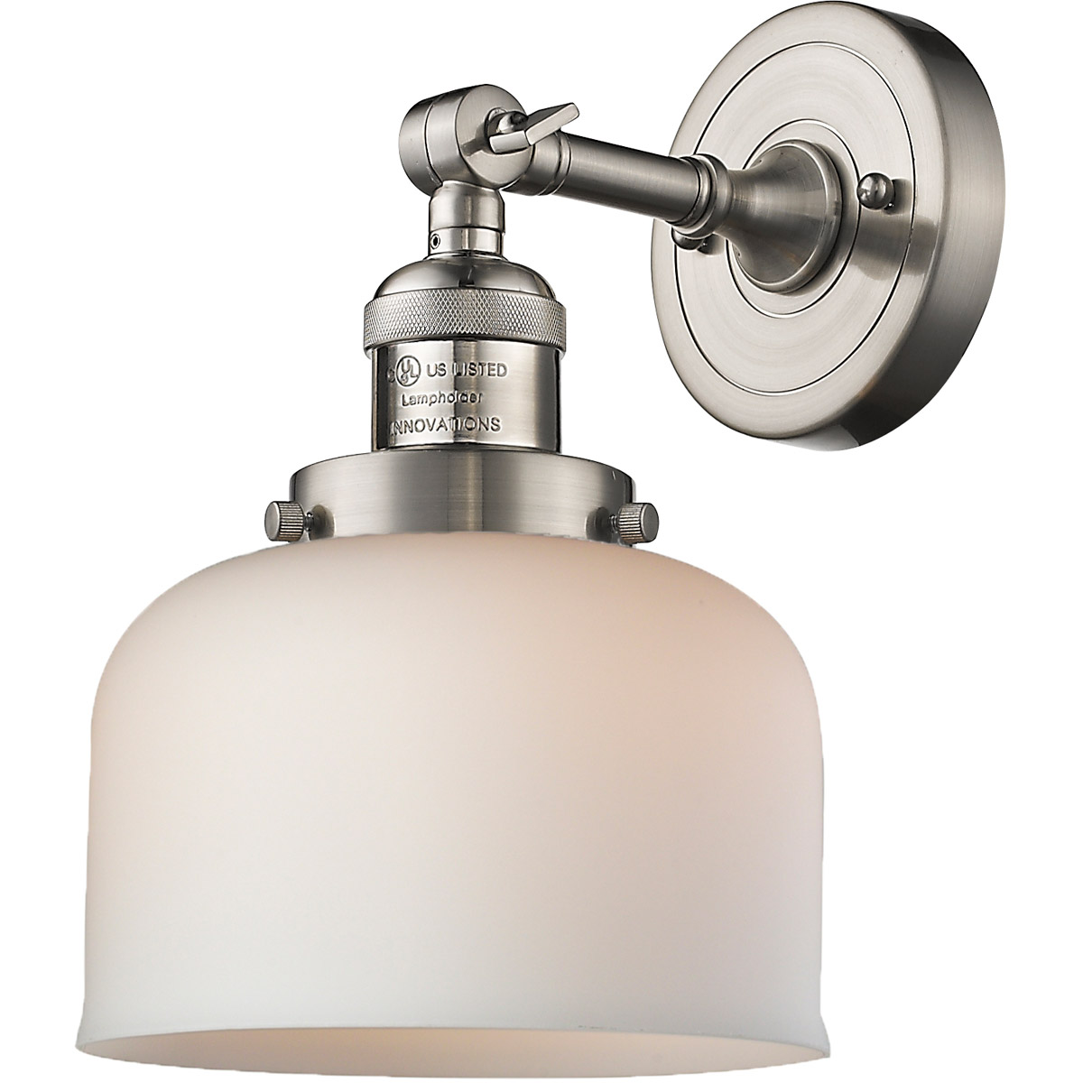 Innovations Lighting 203-SN-G71 Franklin Restoration Large Bell 1 Light 8 inch Brushed Satin Nickel Sconce Wall Light in Matte White Glass, Franklin R