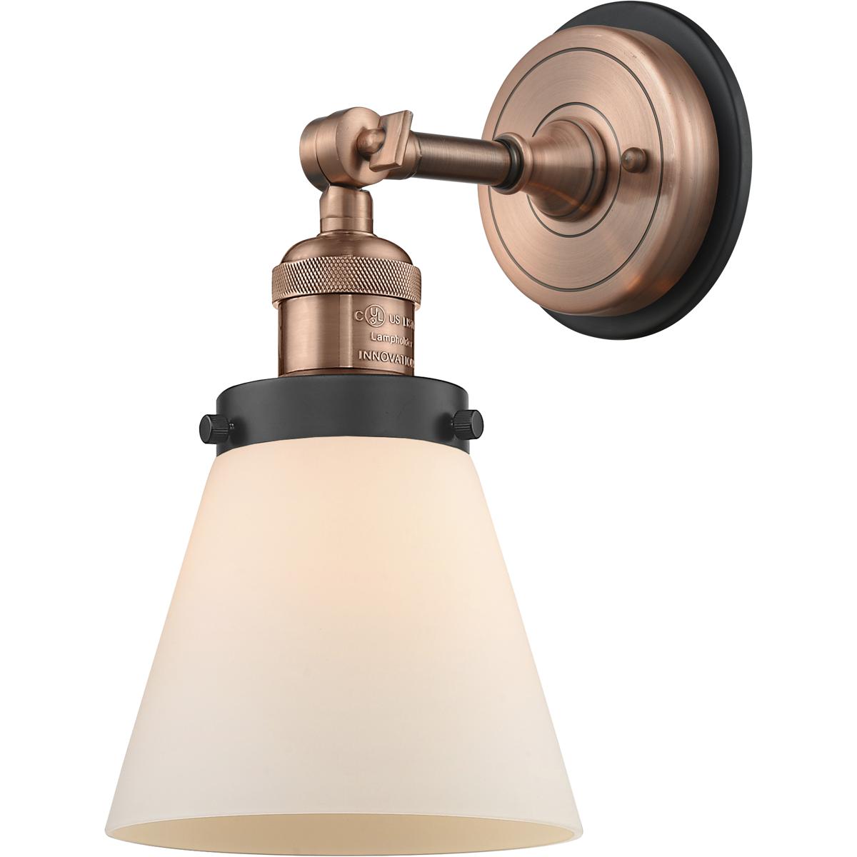 Innovations Lighting 203BP-ACBK-G61 Cone Sconce Wall Light in Matte White Glass, Antique Copper/Matte Black