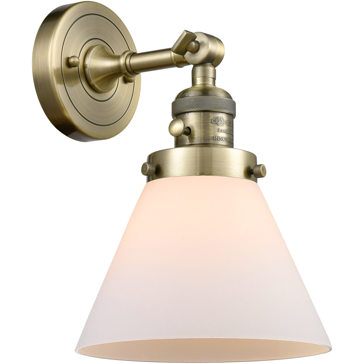 Innovations Lighting 203SW-AB-G41 Franklin Restoration Large Cone 1 Light 8 inch Antique Brass Sconce Wall Light in Matte White Glass, Franklin Restor