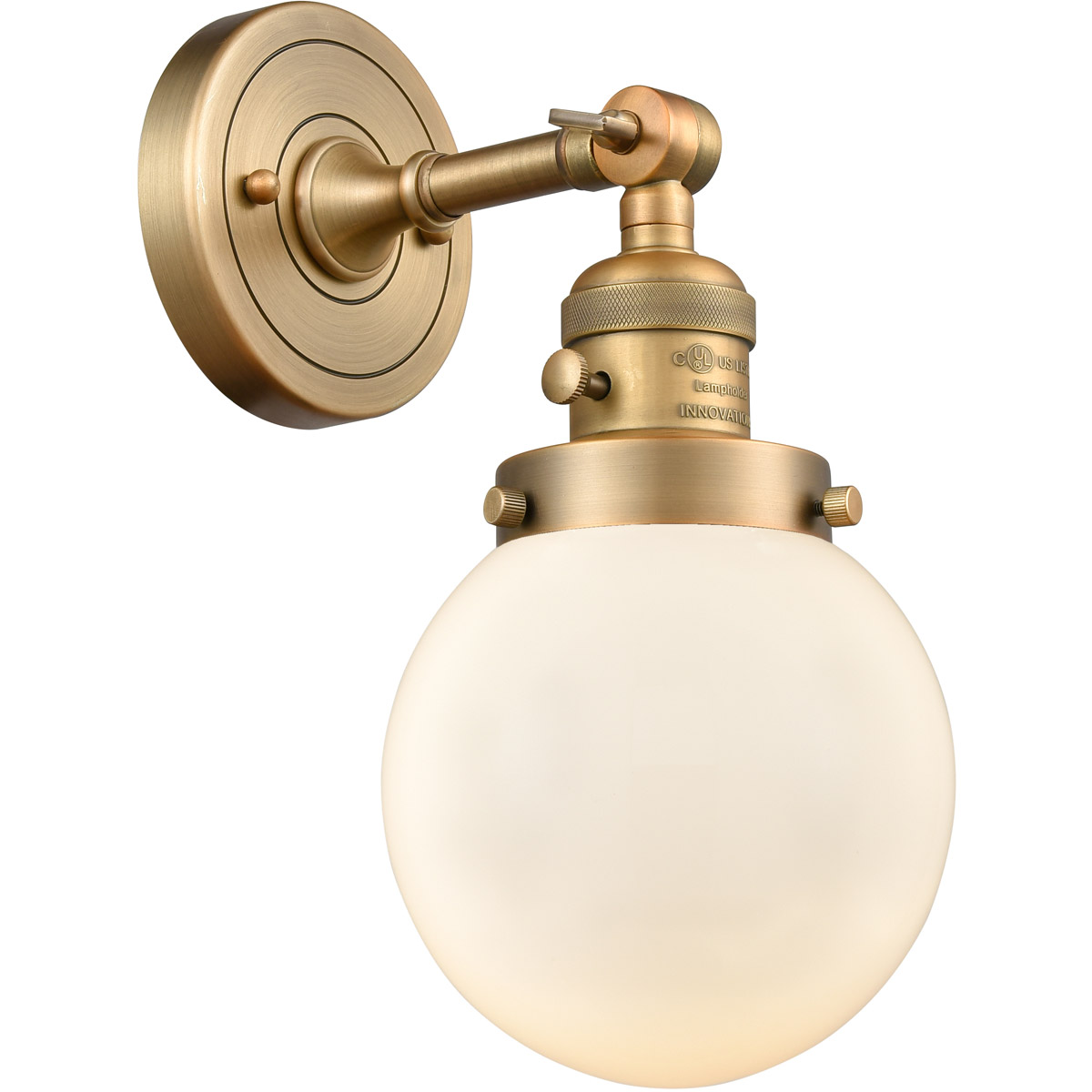 Innovations Lighting 203SW-BB-G201-6 Franklin Restoration Beacon 1 Light 6 inch Brushed Brass Sconce Wall Light in Matte White Glass, Franklin Restora