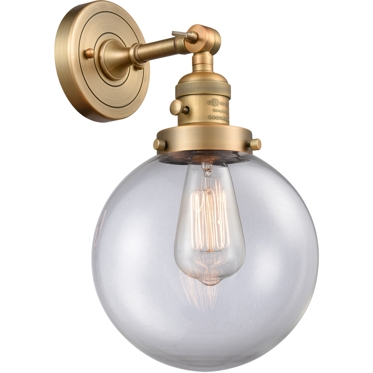 Innovations Lighting 203SW-BB-G202-8 Franklin Restoration Large Beacon 1 Light 8 inch Brushed Brass Sconce Wall Light in Clear Glass, Franklin Restora