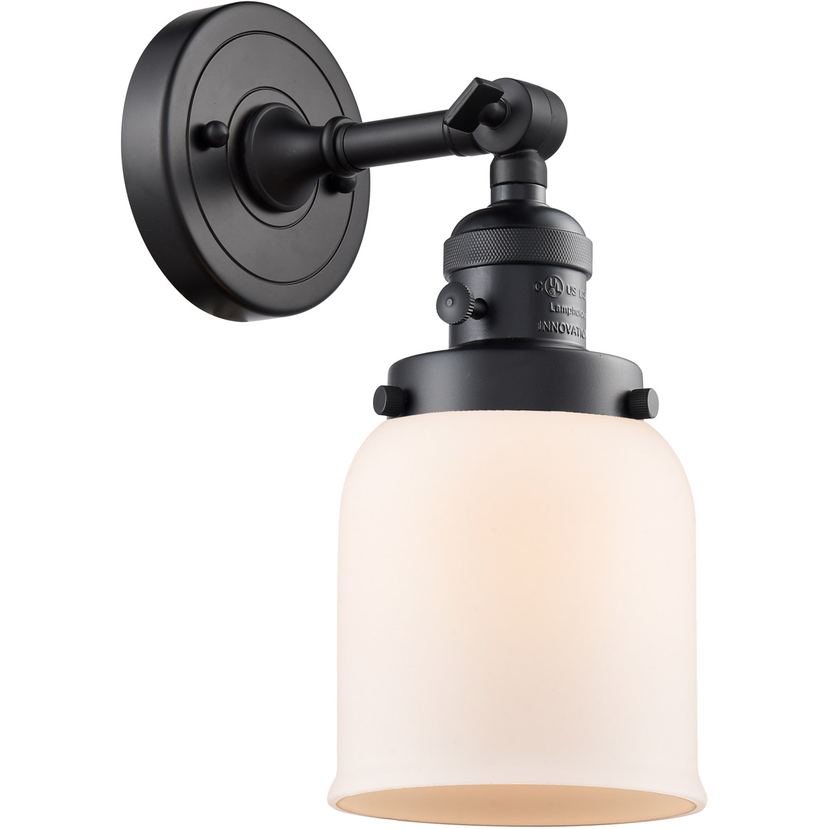 Innovations Lighting 203SW-BK-G51 Franklin Restoration Small Bell 1 Light 5 inch Matte Black Sconce Wall Light in Matte White Glass, Franklin Restorat