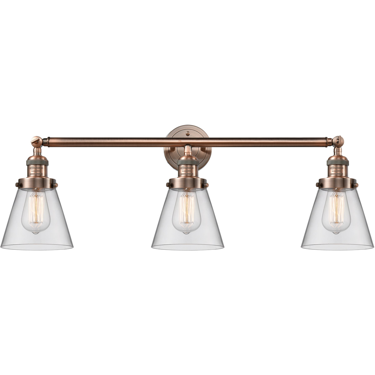 Innovations Lighting 205-AC-G62-LED Franklin Restoration Small Cone LED 30 inch Antique Copper Bath Vanity Light Wall Light in Clear Glass, Franklin R