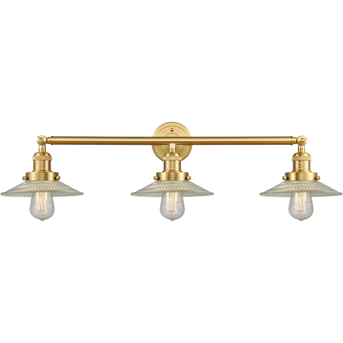 Innovations Lighting 205-SG-G2 Franklin Restoration Halophane 3 Light 33 inch Satin Gold Bath Vanity Light Wall Light in Clear Halophane Glass, Frankl