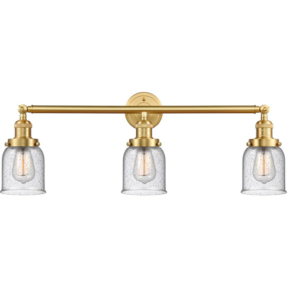 Innovations Lighting 205-SG-G54 Franklin Restoration Small Bell 3 Light 30 inch Satin Gold Bath Vanity Light Wall Light in Seedy Glass, Franklin Resto