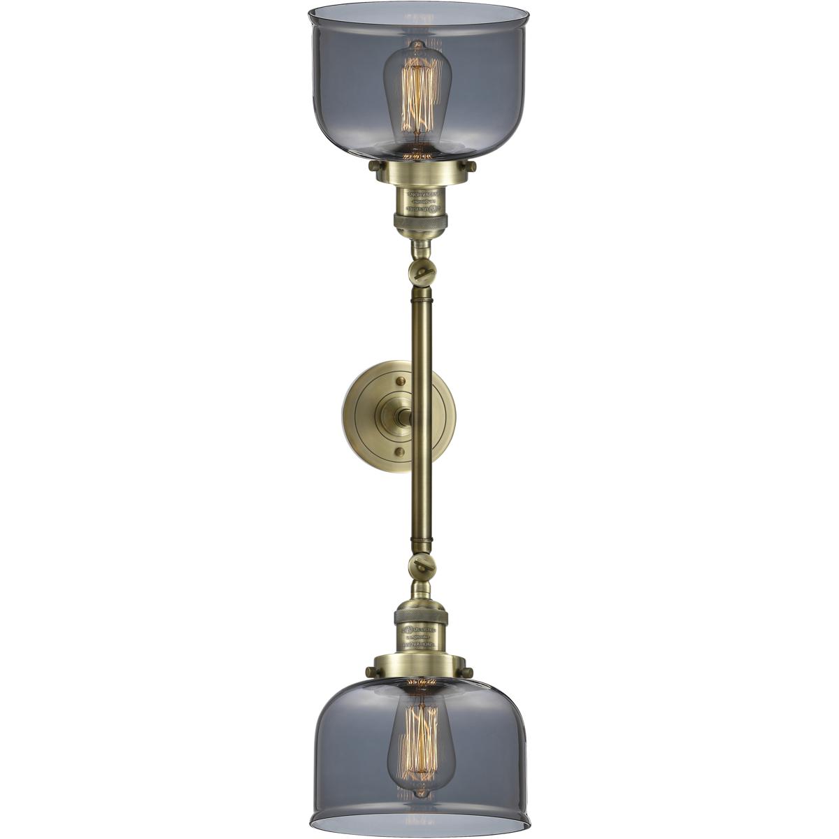 Innovations Lighting 208-AB-G73 Franklin Restoration Large Bell 2 Light 19 inch Antique Brass Bath Vanity Light Wall Light in Light Smoke Glass, Frank