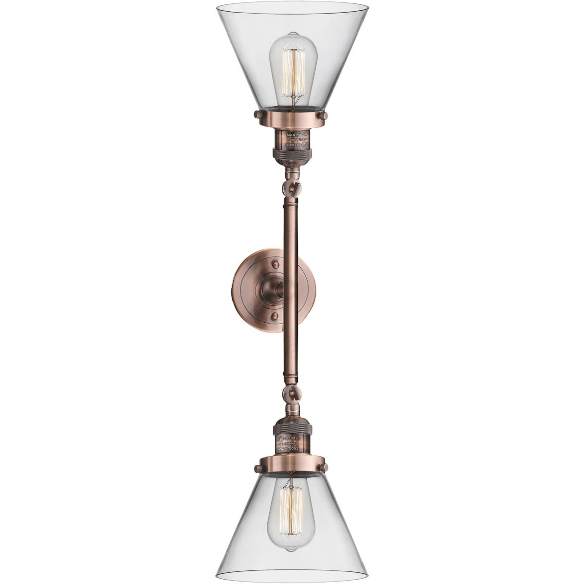 Innovations Lighting 208-AC-G42 Franklin Restoration Large Cone 2 Light 18 inch Antique Copper Bath Vanity Light Wall Light in Clear Glass, Franklin R