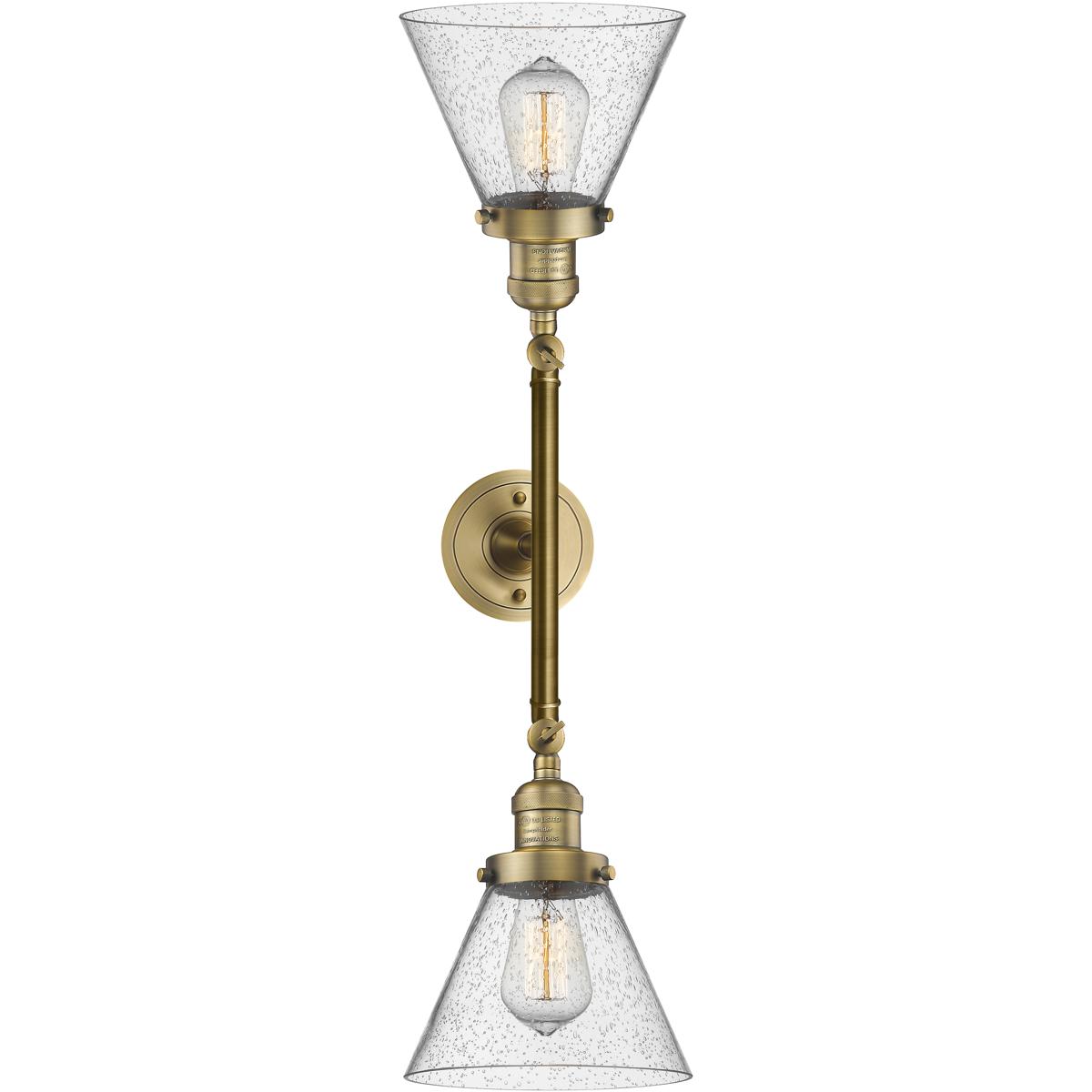 Innovations Lighting 208-BB-G44 Franklin Restoration Large Cone 2 Light 18 inch Brushed Brass Bath Vanity Light Wall Light in Seedy Glass, Franklin Re