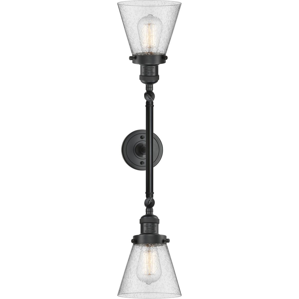Innovations Lighting 208-BK-G64 Franklin Restoration Small Cone 2 Light 16 inch Matte Black Bath Vanity Light Wall Light in Seedy Glass, Franklin Rest
