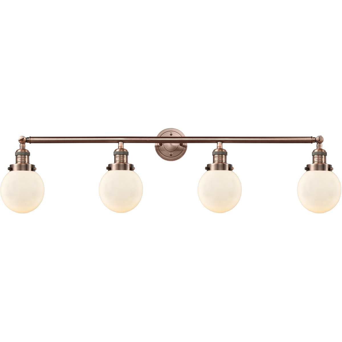 Innovations Lighting 215-AC-G201-6 Franklin Restoration Beacon 4 Light 42 inch Antique Copper Bath Vanity Light Wall Light in Matte White Glass, Frank