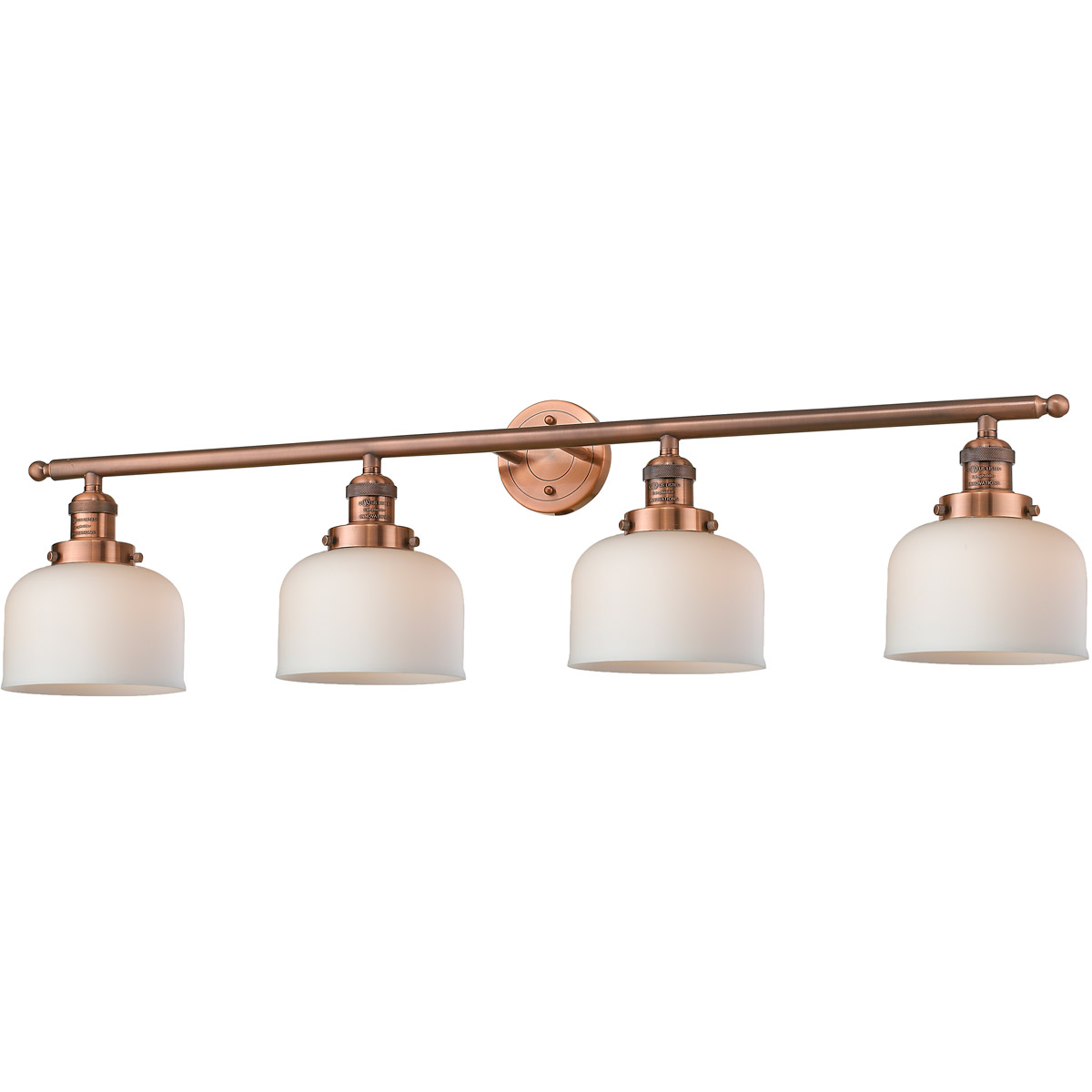 Innovations Lighting 215-AC-G71 Franklin Restoration Large Bell 4 Light 44 inch Antique Copper Bath Vanity Light Wall Light in Matte White Glass, Fran
